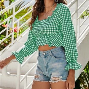 New casual style bell sleeve gingham peplum top